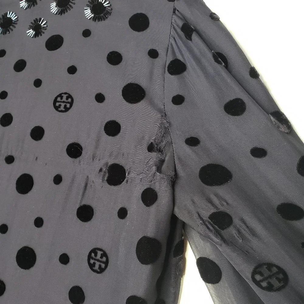 Tory Burch Angela Beaded Velvet Dot Sheer Blouse Long‎ Sleeve Lined 8 - FLAWED